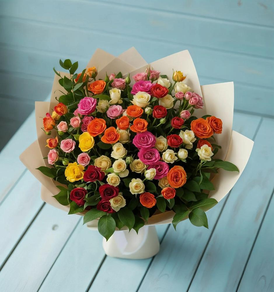 Букет Микс из разноцветных кустовых роз в Поселке станции Бронницы