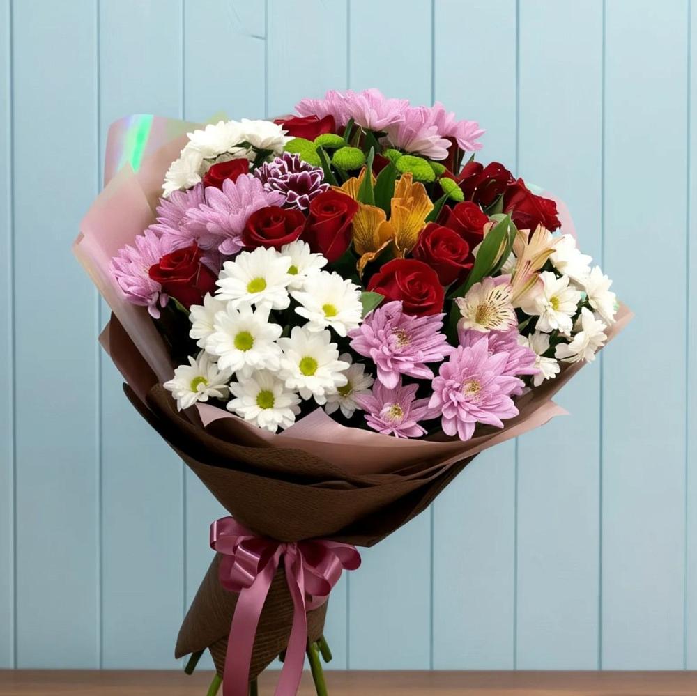 Букет цветов из: Розы, Хризантемы и Альстромерии в Поселке станции Бронницы