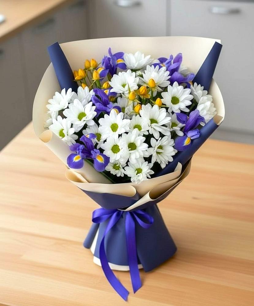 Букет цветов из: Розы, Ирисы и Хризантемы в Поселке станции Бронницы