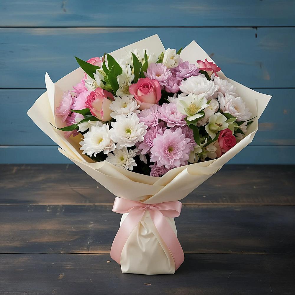 Букет цветов из: Хризантемы, Альстромерии и Розы в Поселке станции Бронницы